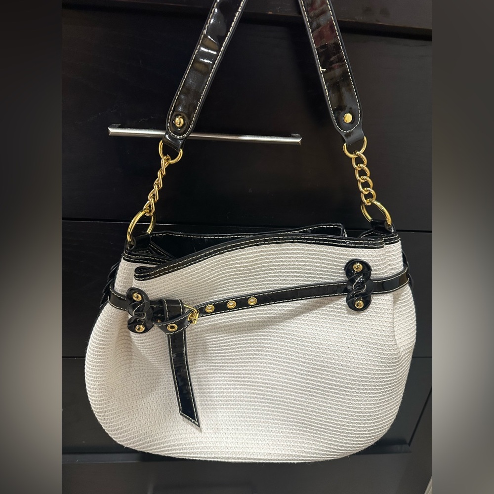 Elegant White and Black Women's Straw Bag